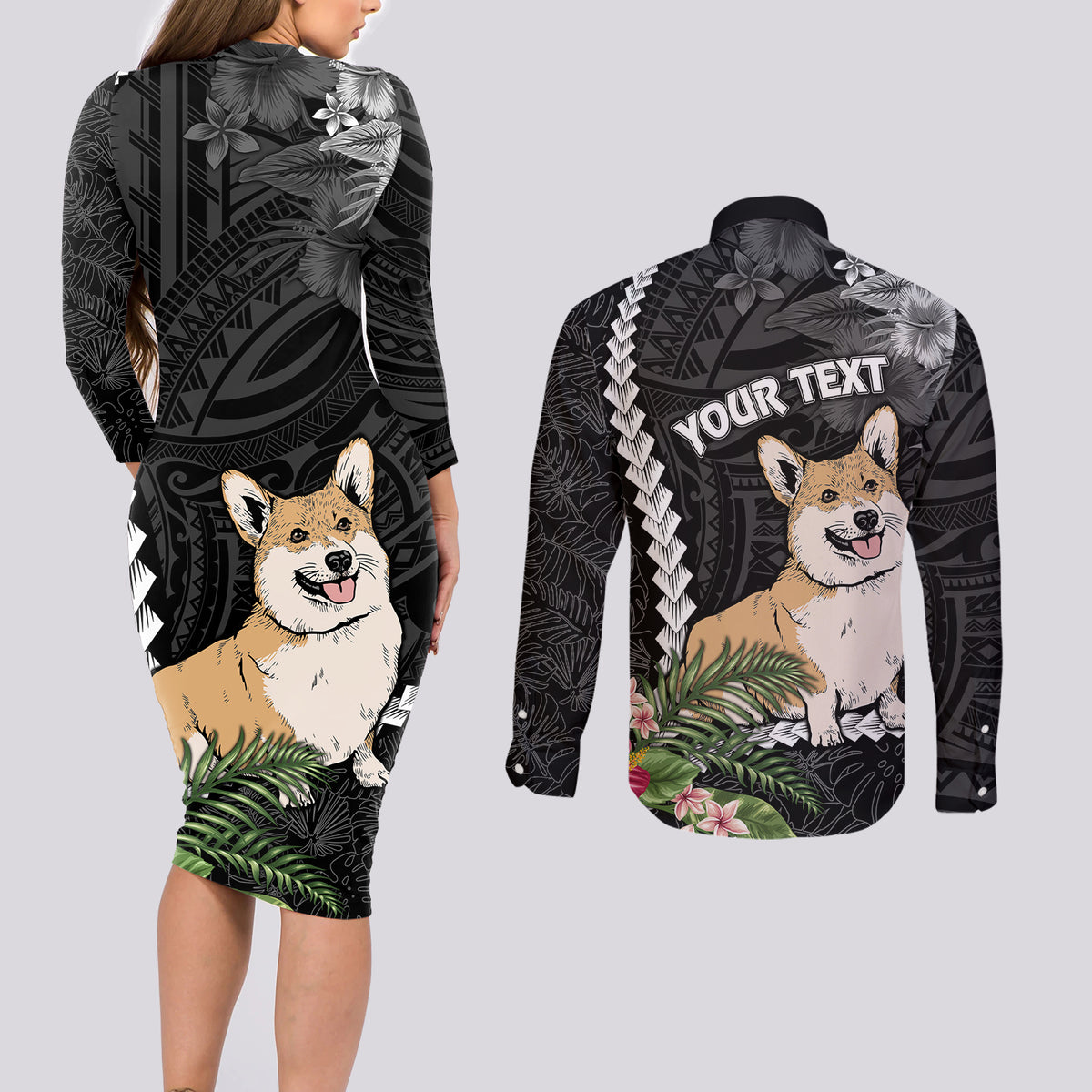 Personalised Polynesian Dog Couples Matching Long Sleeve Bodycon Dress and Long Sleeve Button Shirts Corgi Mix Tropical Flowers LT7 - Wonder Print Shop