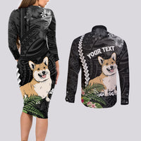 Personalised Polynesian Dog Couples Matching Long Sleeve Bodycon Dress and Long Sleeve Button Shirts Corgi Mix Tropical Flowers LT7 - Wonder Print Shop