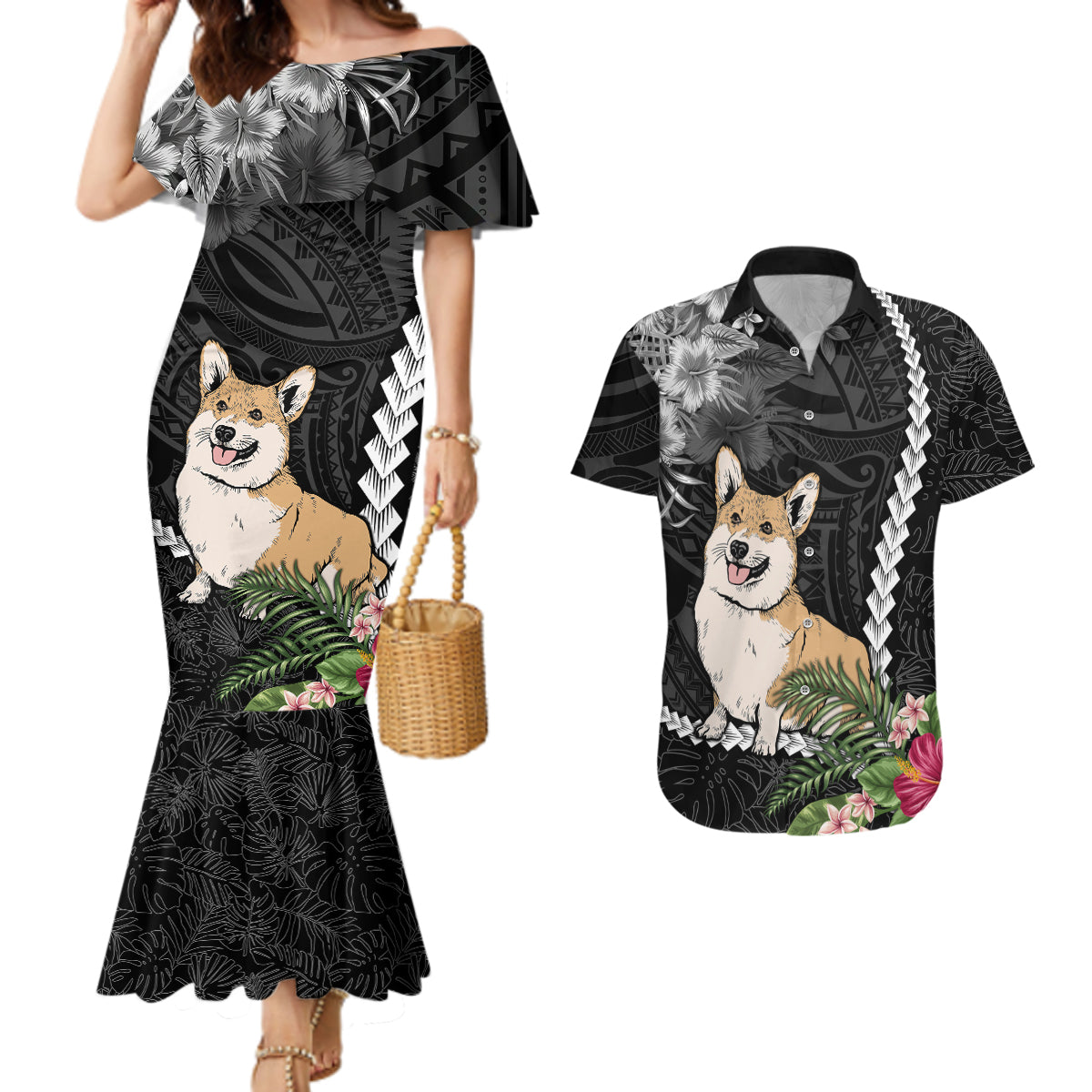 Personalised Polynesian Dog Couples Matching Mermaid Dress And Hawaiian Shirt Corgi Mix Tropical Flowers LT7 - Wonder Print Shop