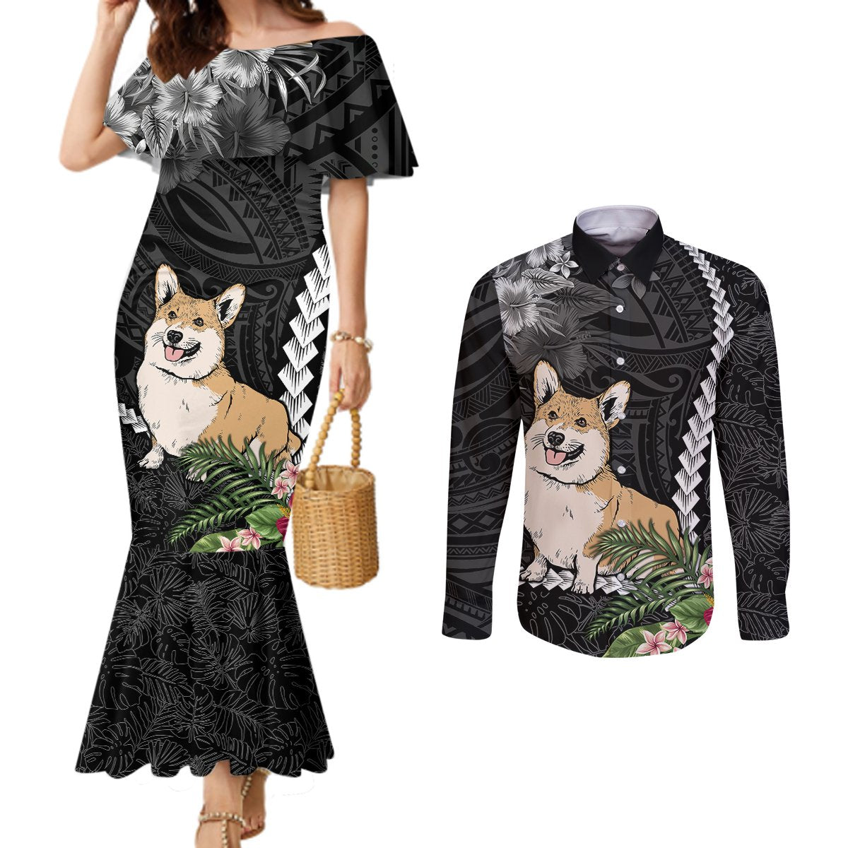 personalised-polynesian-dog-couples-matching-mermaid-dress-and-long-sleeve-button-shirts-corgi-mix-tropical-flowers