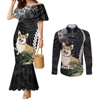 personalised-polynesian-dog-couples-matching-mermaid-dress-and-long-sleeve-button-shirts-corgi-mix-tropical-flowers