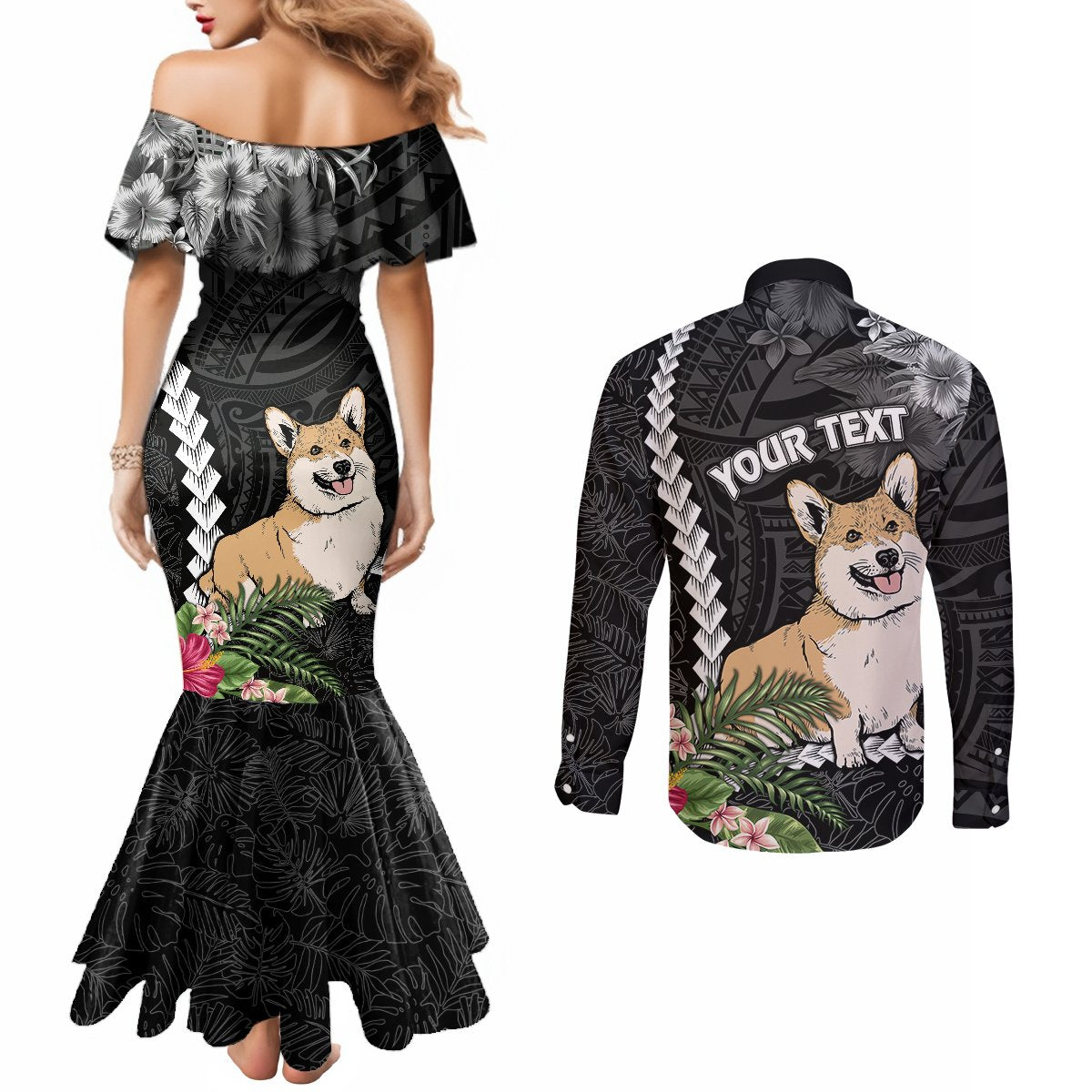 personalised-polynesian-dog-couples-matching-mermaid-dress-and-long-sleeve-button-shirts-corgi-mix-tropical-flowers