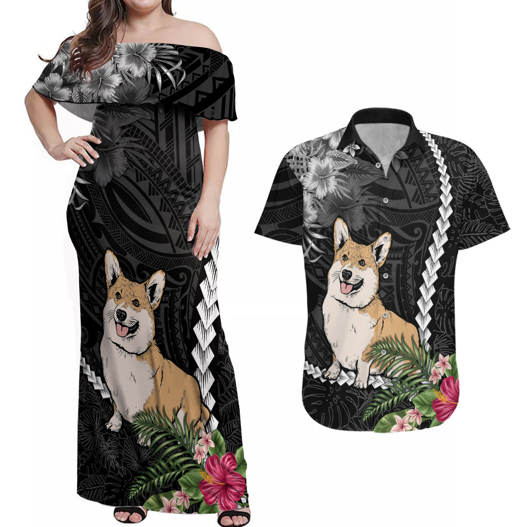 Personalised Polynesian Dog Couples Matching Off Shoulder Maxi Dress and Hawaiian Shirt Corgi Mix Tropical Flowers LT7 - Wonder Print Shop
