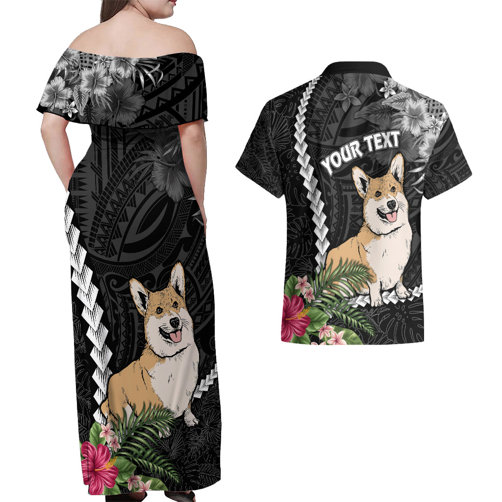 Personalised Polynesian Dog Couples Matching Off Shoulder Maxi Dress and Hawaiian Shirt Corgi Mix Tropical Flowers LT7 - Wonder Print Shop