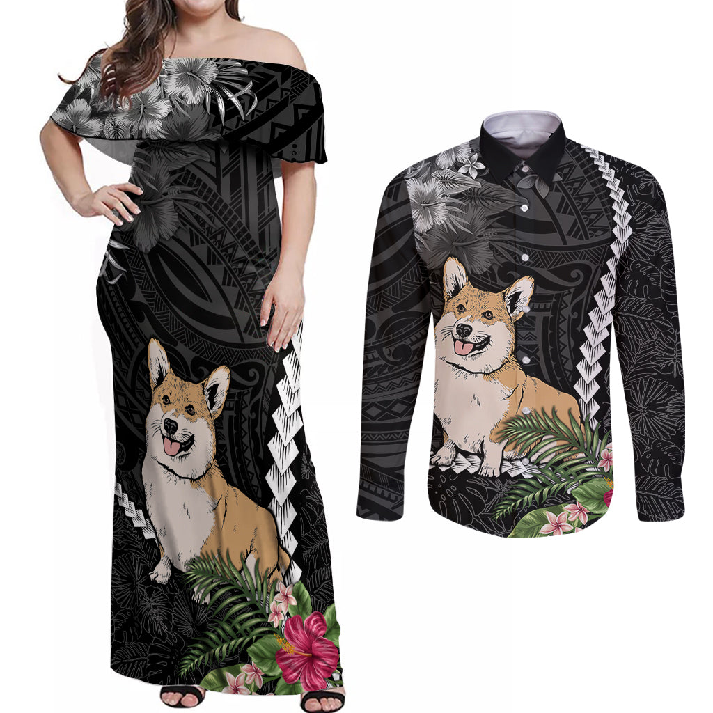 Personalised Polynesian Dog Couples Matching Off Shoulder Maxi Dress and Long Sleeve Button Shirts Corgi Mix Tropical Flowers LT7 - Wonder Print Shop