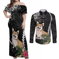 Personalised Polynesian Dog Couples Matching Off Shoulder Maxi Dress and Long Sleeve Button Shirts Corgi Mix Tropical Flowers LT7 - Wonder Print Shop