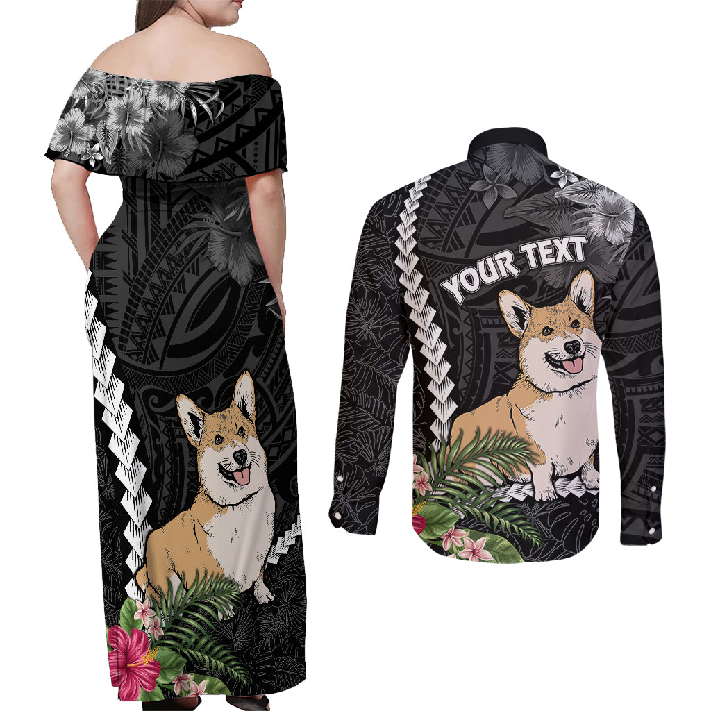 Personalised Polynesian Dog Couples Matching Off Shoulder Maxi Dress and Long Sleeve Button Shirts Corgi Mix Tropical Flowers LT7 - Wonder Print Shop