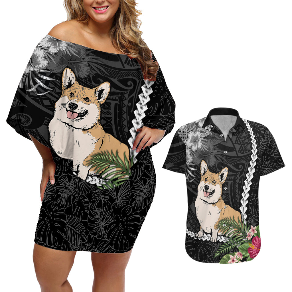 Personalised Polynesian Dog Couples Matching Off Shoulder Short Dress and Hawaiian Shirt Corgi Mix Tropical Flowers LT7 - Wonder Print Shop