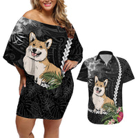 Personalised Polynesian Dog Couples Matching Off Shoulder Short Dress and Hawaiian Shirt Corgi Mix Tropical Flowers LT7 - Wonder Print Shop