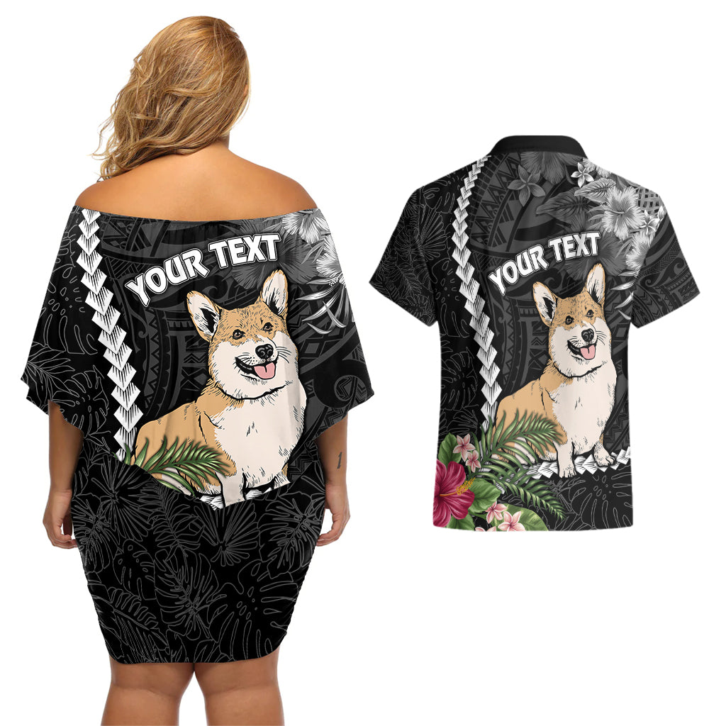 Personalised Polynesian Dog Couples Matching Off Shoulder Short Dress and Hawaiian Shirt Corgi Mix Tropical Flowers LT7 - Wonder Print Shop