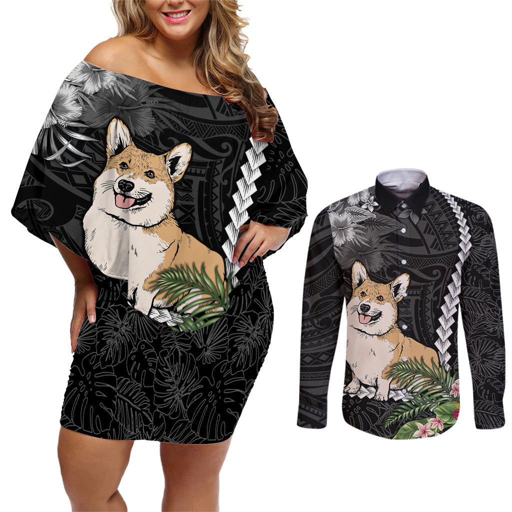 Personalised Polynesian Dog Couples Matching Off Shoulder Short Dress and Long Sleeve Button Shirts Corgi Mix Tropical Flowers LT7 - Wonder Print Shop