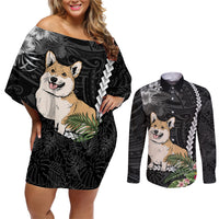 Personalised Polynesian Dog Couples Matching Off Shoulder Short Dress and Long Sleeve Button Shirts Corgi Mix Tropical Flowers LT7 - Wonder Print Shop