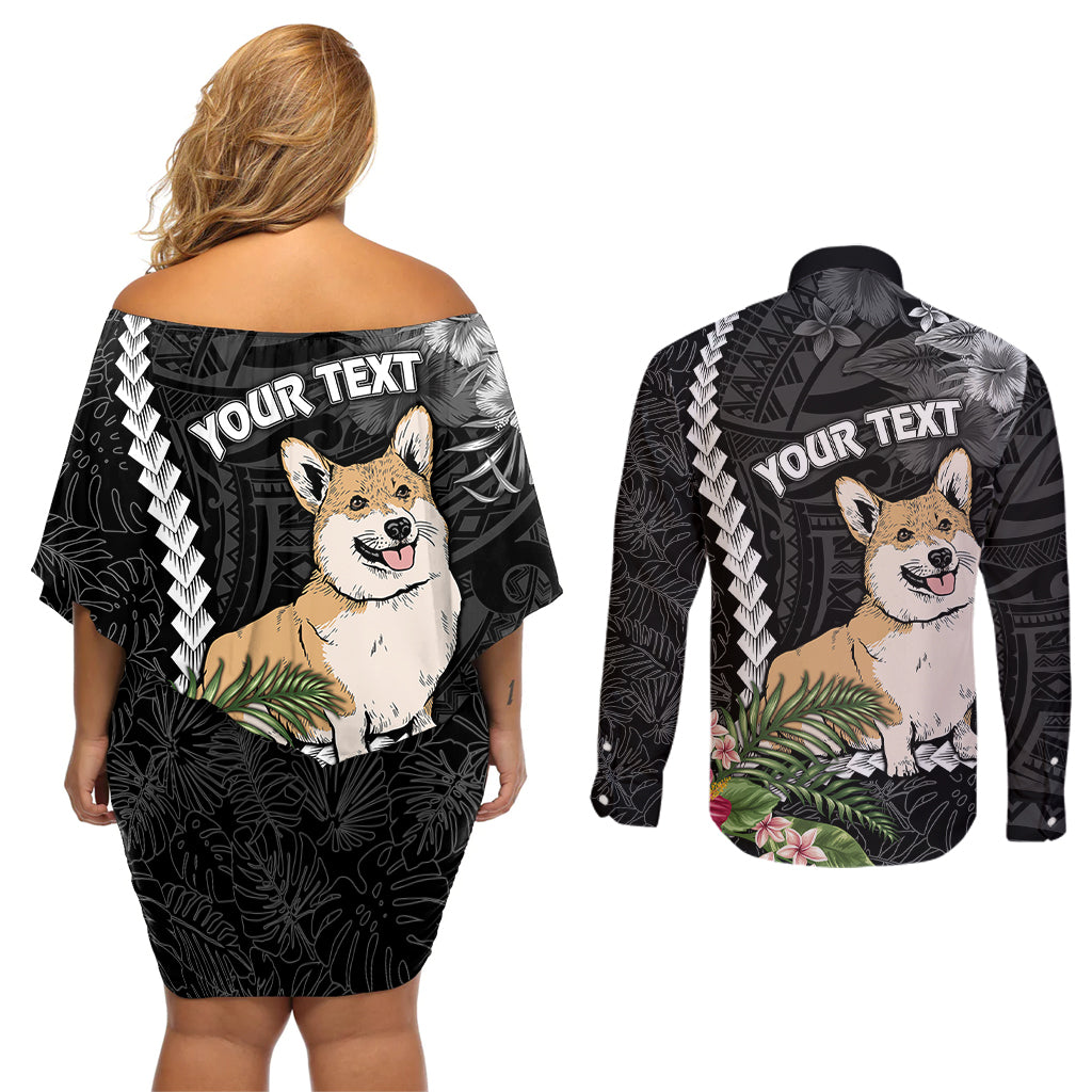 Personalised Polynesian Dog Couples Matching Off Shoulder Short Dress and Long Sleeve Button Shirts Corgi Mix Tropical Flowers LT7 - Wonder Print Shop