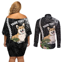 Personalised Polynesian Dog Couples Matching Off Shoulder Short Dress and Long Sleeve Button Shirts Corgi Mix Tropical Flowers LT7 - Wonder Print Shop