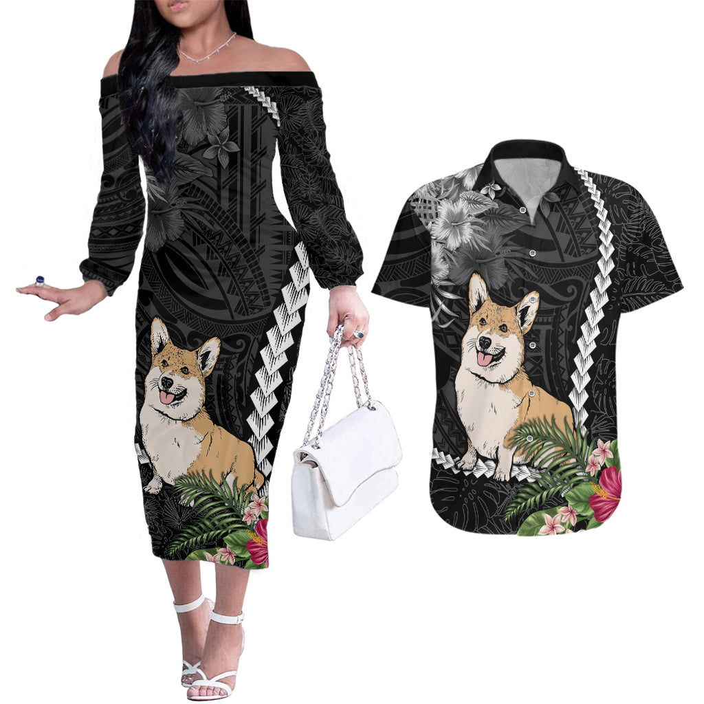 Personalised Polynesian Dog Couples Matching Off The Shoulder Long Sleeve Dress and Hawaiian Shirt Corgi Mix Tropical Flowers LT7 - Wonder Print Shop