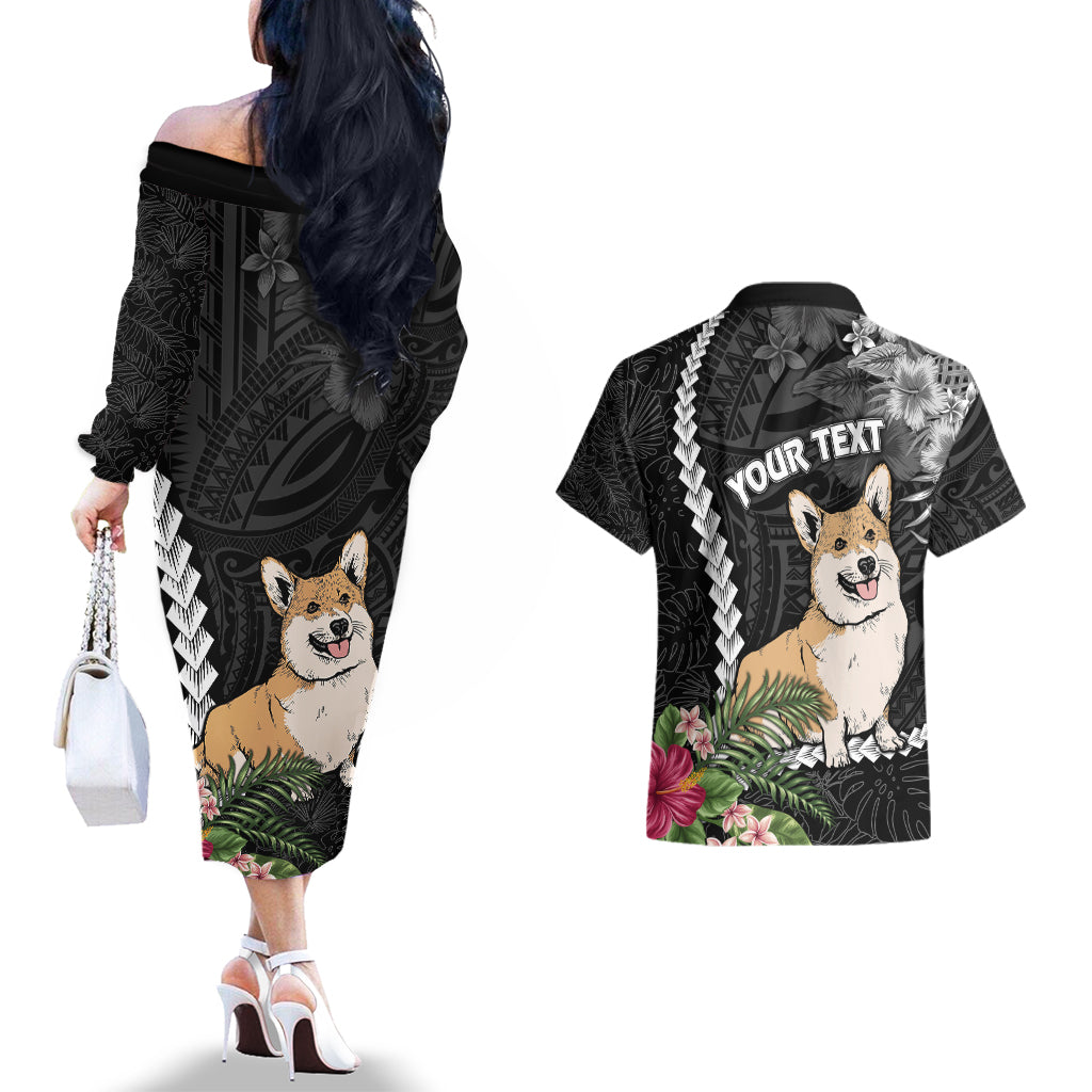 Personalised Polynesian Dog Couples Matching Off The Shoulder Long Sleeve Dress and Hawaiian Shirt Corgi Mix Tropical Flowers LT7 - Wonder Print Shop