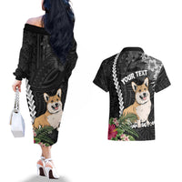 Personalised Polynesian Dog Couples Matching Off The Shoulder Long Sleeve Dress and Hawaiian Shirt Corgi Mix Tropical Flowers LT7 - Wonder Print Shop