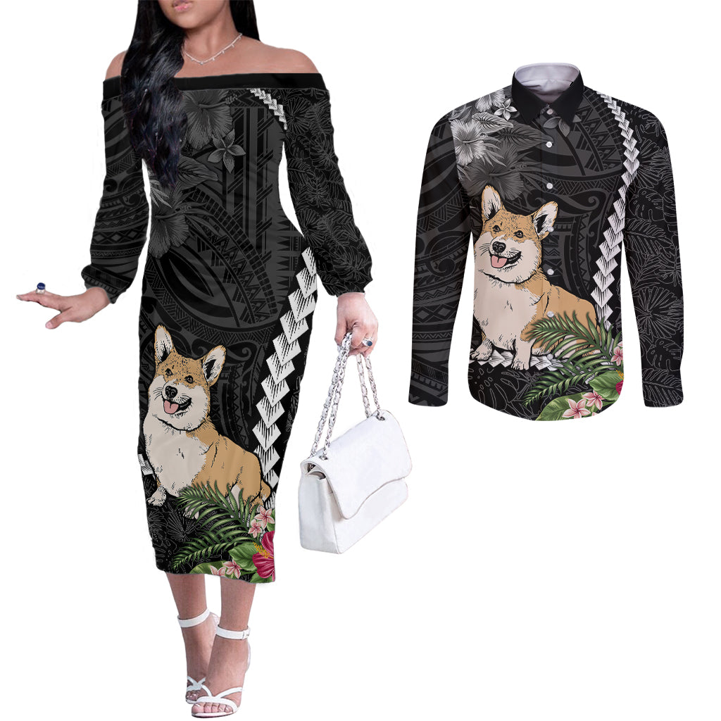 personalised-polynesian-dog-couples-matching-off-the-shoulder-long-sleeve-dress-and-long-sleeve-button-shirts-corgi-mix-tropical-flowers