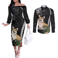 personalised-polynesian-dog-couples-matching-off-the-shoulder-long-sleeve-dress-and-long-sleeve-button-shirts-corgi-mix-tropical-flowers