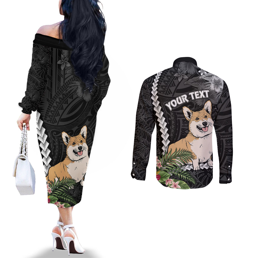 personalised-polynesian-dog-couples-matching-off-the-shoulder-long-sleeve-dress-and-long-sleeve-button-shirts-corgi-mix-tropical-flowers
