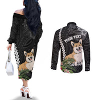 personalised-polynesian-dog-couples-matching-off-the-shoulder-long-sleeve-dress-and-long-sleeve-button-shirts-corgi-mix-tropical-flowers