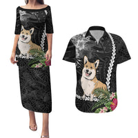 Personalised Polynesian Dog Couples Matching Puletasi Dress and Hawaiian Shirt Corgi Mix Tropical Flowers LT7 - Wonder Print Shop
