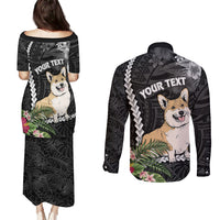 Personalised Polynesian Dog Couples Matching Puletasi Dress and Long Sleeve Button Shirts Corgi Mix Tropical Flowers LT7 - Wonder Print Shop