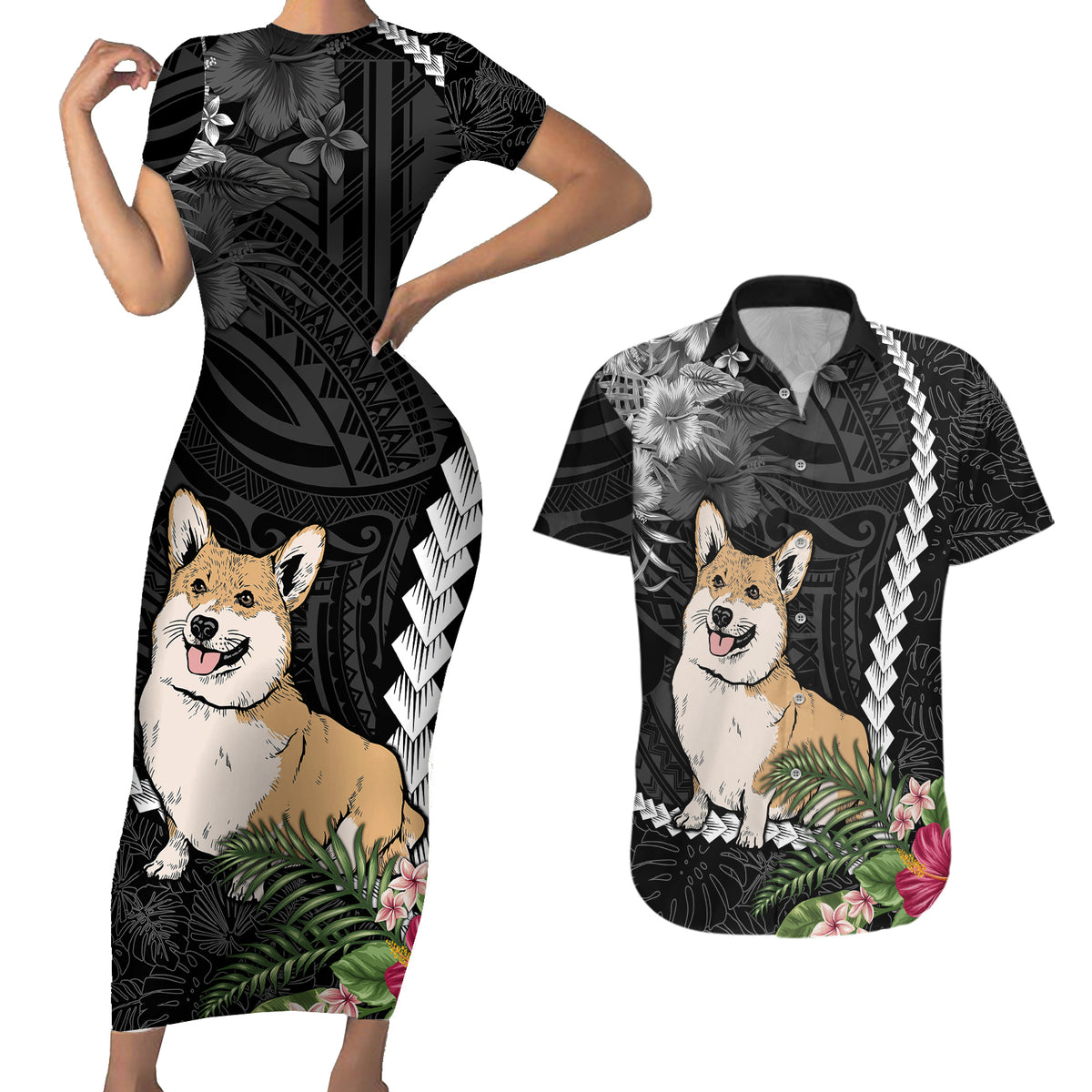 Personalised Polynesian Dog Couples Matching Short Sleeve Bodycon Dress and Hawaiian Shirt Corgi Mix Tropical Flowers LT7 - Wonder Print Shop