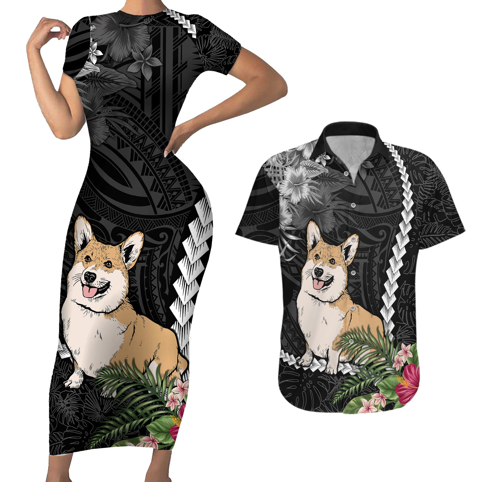 Personalised Polynesian Dog Couples Matching Short Sleeve Bodycon Dress and Hawaiian Shirt Corgi Mix Tropical Flowers LT7 - Wonder Print Shop