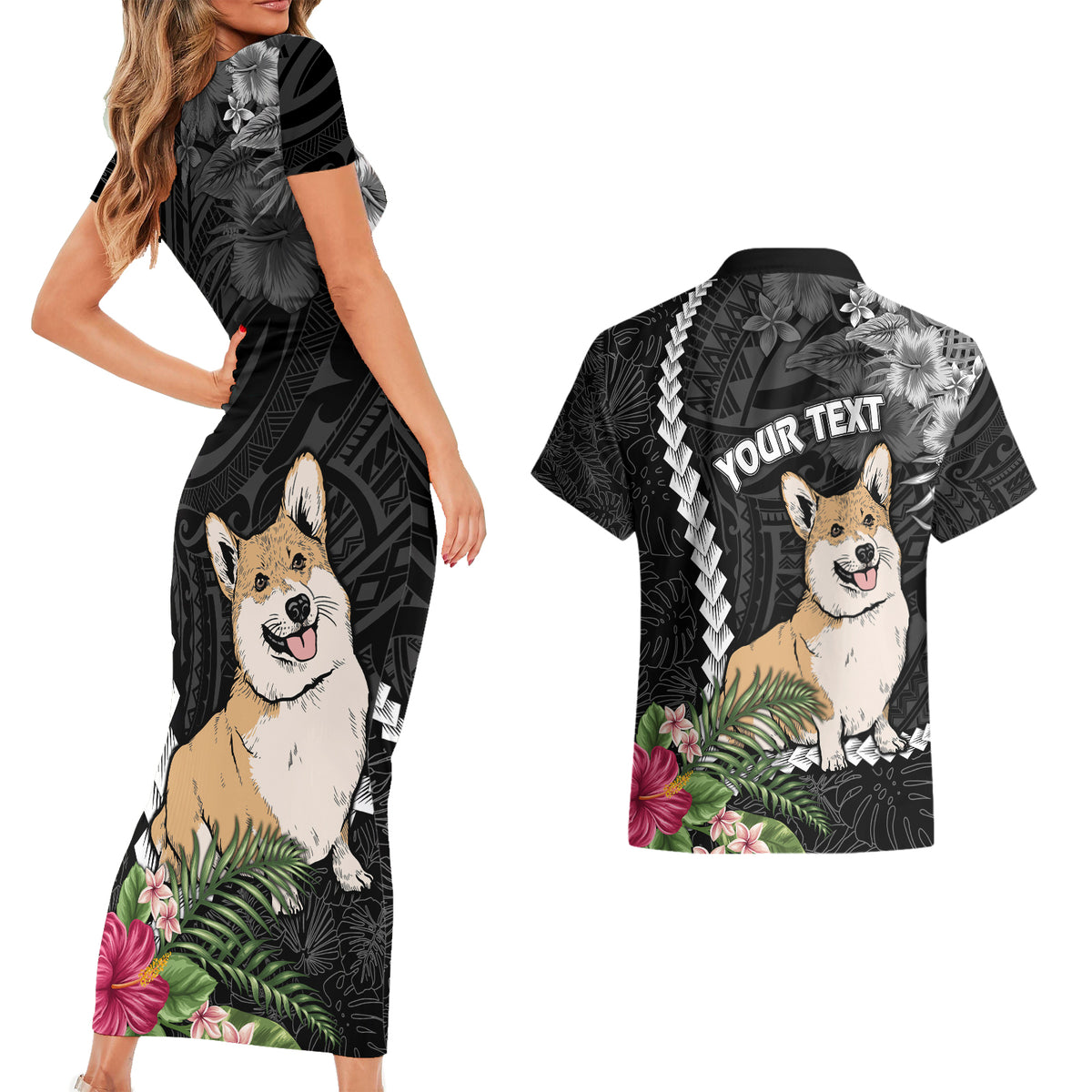 Personalised Polynesian Dog Couples Matching Short Sleeve Bodycon Dress and Hawaiian Shirt Corgi Mix Tropical Flowers LT7 - Wonder Print Shop