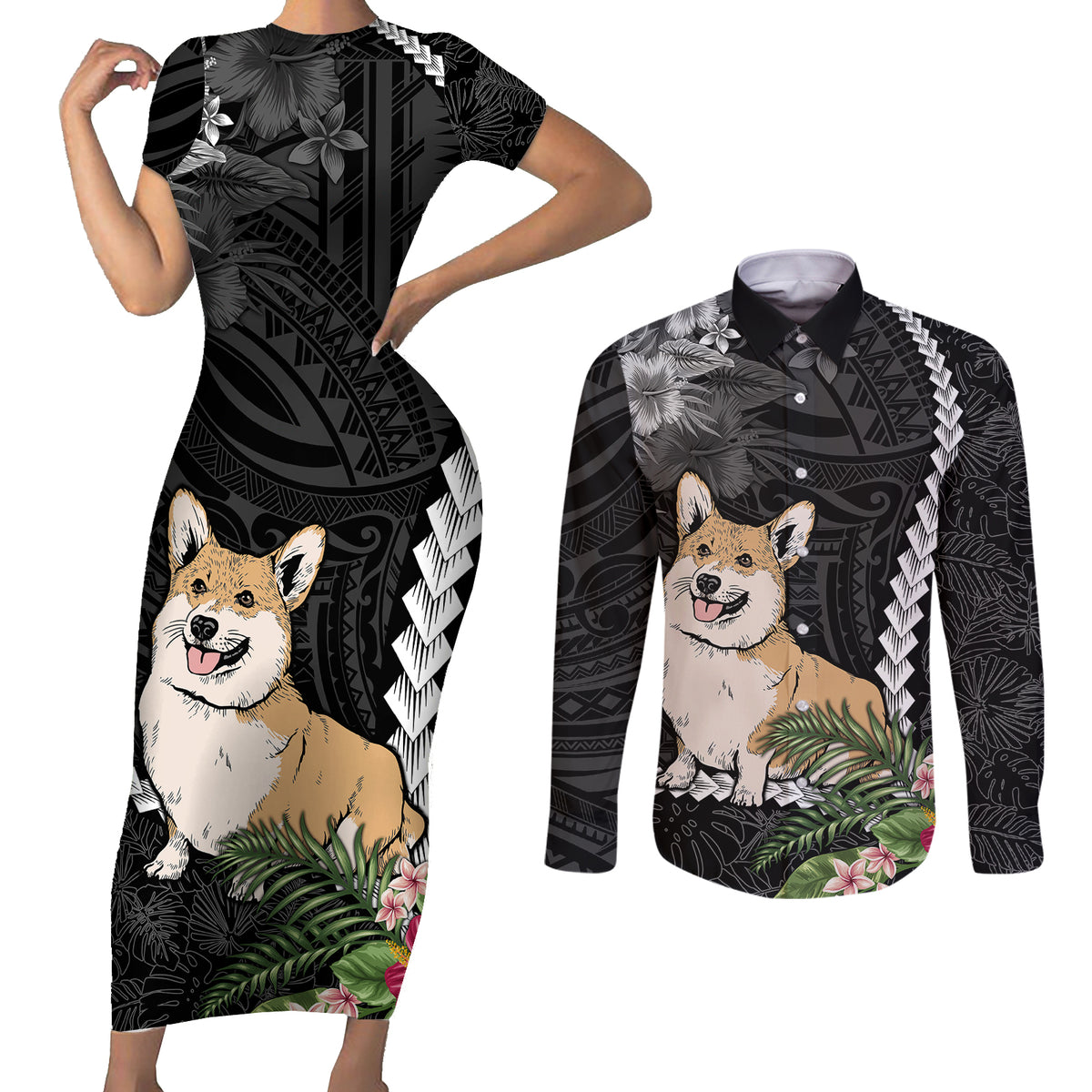 Personalised Polynesian Dog Couples Matching Short Sleeve Bodycon Dress and Long Sleeve Button Shirts Corgi Mix Tropical Flowers LT7 - Wonder Print Shop