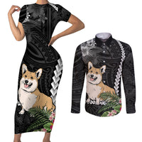 Personalised Polynesian Dog Couples Matching Short Sleeve Bodycon Dress and Long Sleeve Button Shirts Corgi Mix Tropical Flowers LT7 - Wonder Print Shop