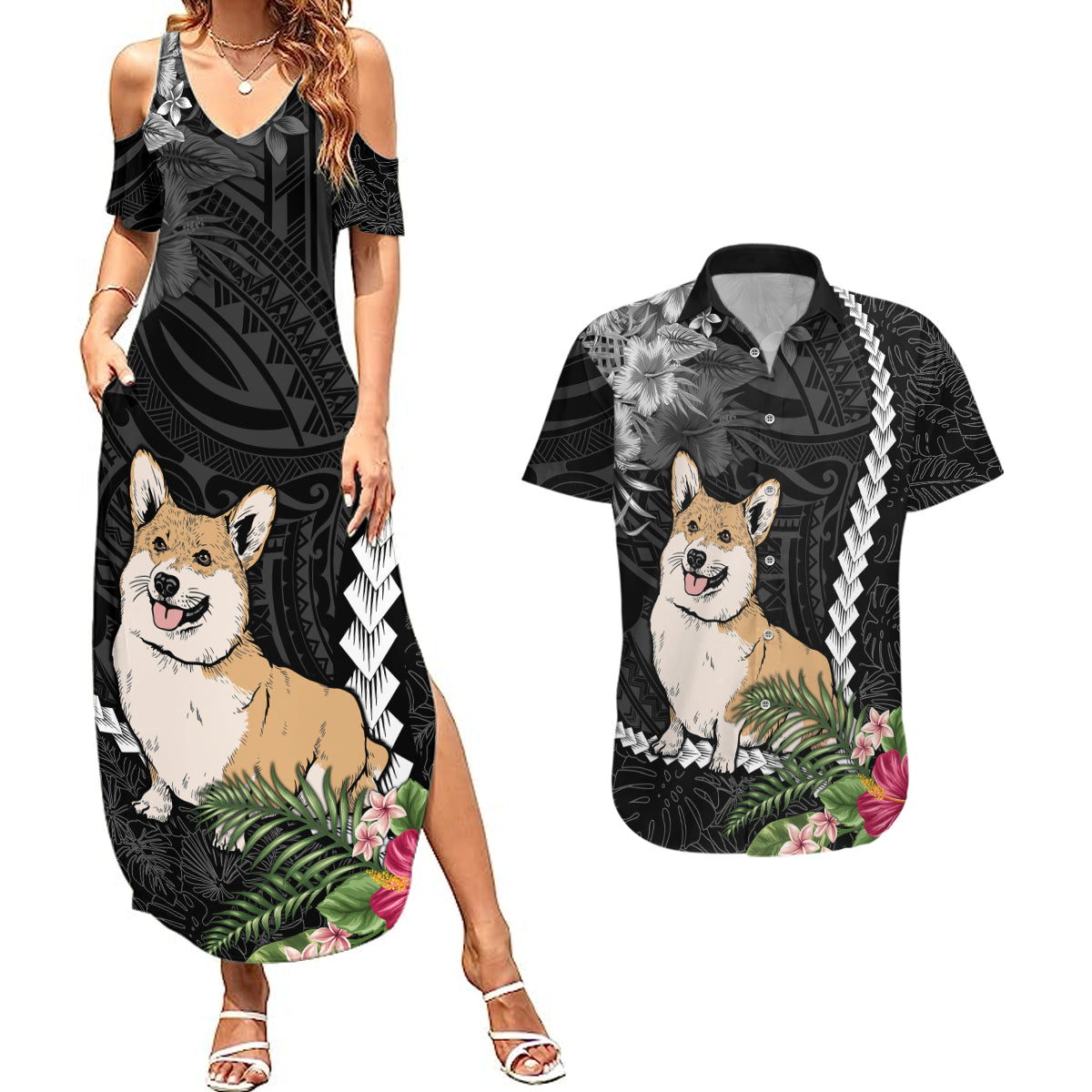 Personalised Polynesian Dog Couples Matching Summer Maxi Dress and Hawaiian Shirt Corgi Mix Tropical Flowers LT7 - Wonder Print Shop