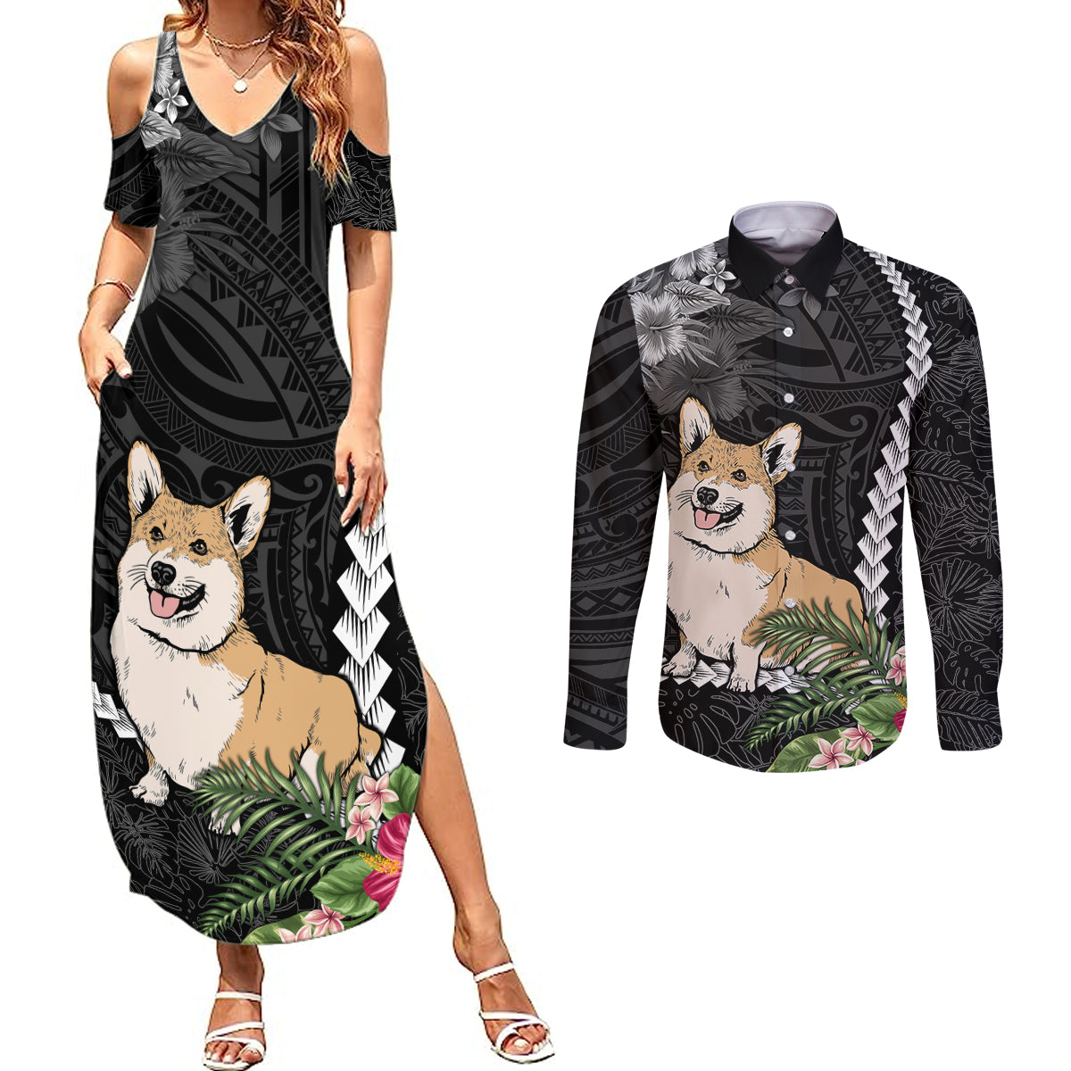Personalised Polynesian Dog Couples Matching Summer Maxi Dress and Long Sleeve Button Shirts Corgi Mix Tropical Flowers LT7 - Wonder Print Shop