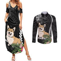 Personalised Polynesian Dog Couples Matching Summer Maxi Dress and Long Sleeve Button Shirts Corgi Mix Tropical Flowers LT7 - Wonder Print Shop