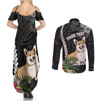 Personalised Polynesian Dog Couples Matching Summer Maxi Dress and Long Sleeve Button Shirts Corgi Mix Tropical Flowers LT7 - Wonder Print Shop