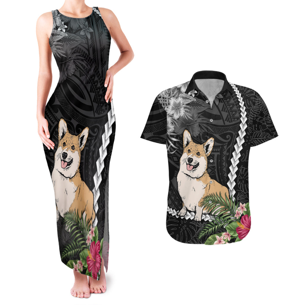 Personalised Polynesian Dog Couples Matching Tank Maxi Dress And Hawaiian Shirt Corgi Mix Tropical Flowers LT7 - Wonder Print Shop