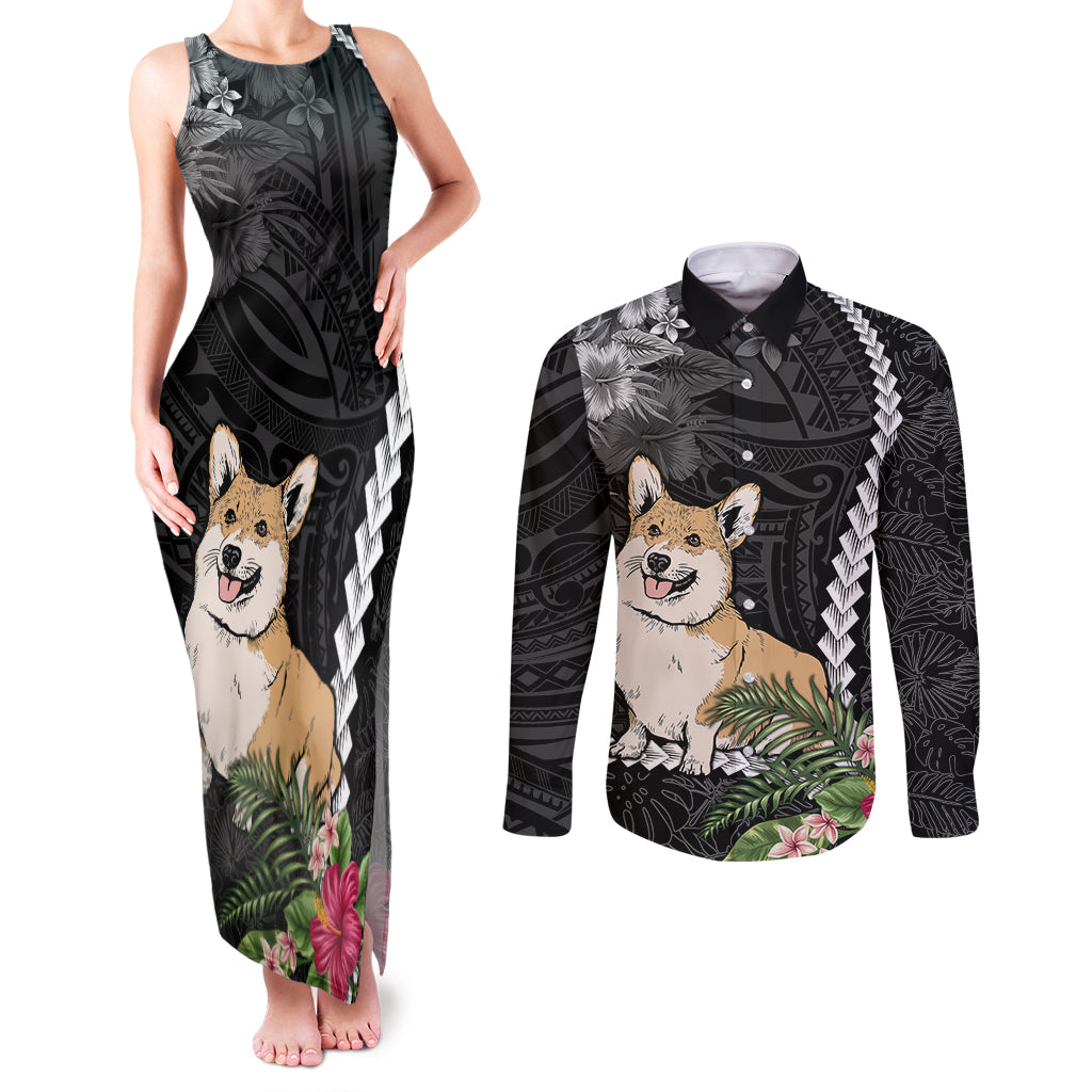 Personalised Polynesian Dog Couples Matching Tank Maxi Dress and Long Sleeve Button Shirts Corgi Mix Tropical Flowers LT7 - Wonder Print Shop