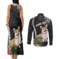 Personalised Polynesian Dog Couples Matching Tank Maxi Dress and Long Sleeve Button Shirts Corgi Mix Tropical Flowers LT7 - Wonder Print Shop