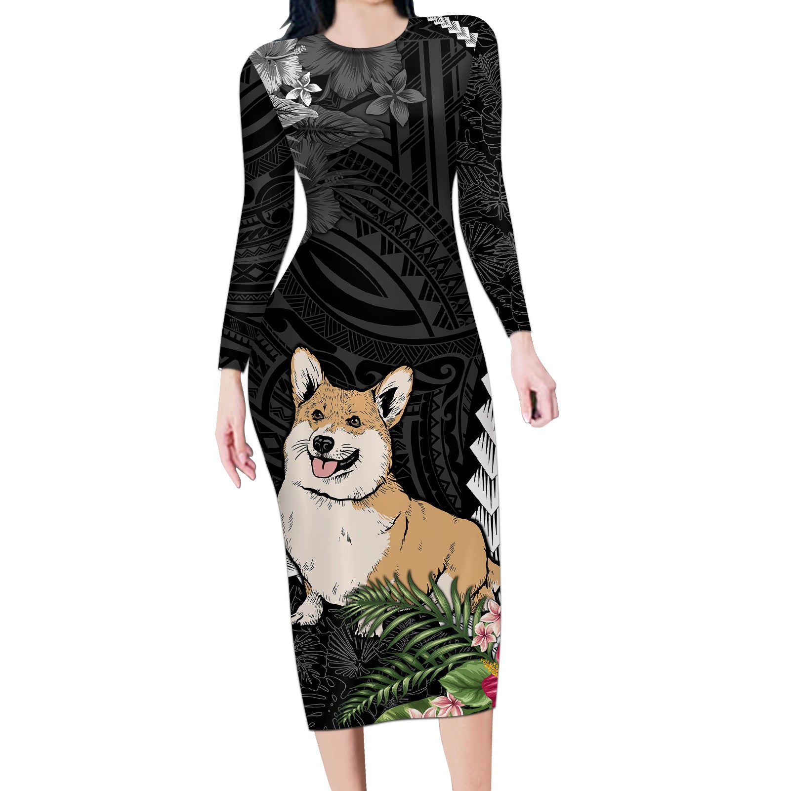Personalised Polynesian Dog Long Sleeve Bodycon Dress Corgi Mix Tropical Flowers - Wonder Print Shop