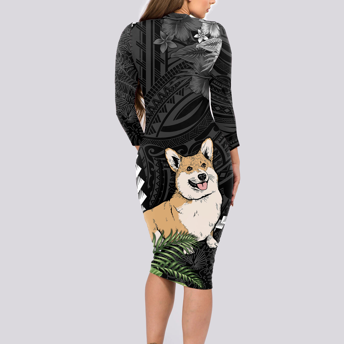 Personalised Polynesian Dog Long Sleeve Bodycon Dress Corgi Mix Tropical Flowers - Wonder Print Shop