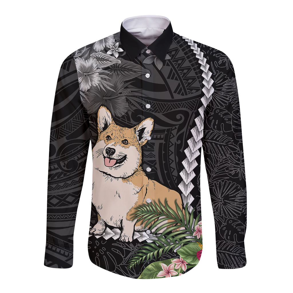Personalised Polynesian Dog Long Sleeve Button Shirt Corgi Mix Tropical Flowers - Wonder Print Shop
