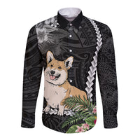 Personalised Polynesian Dog Long Sleeve Button Shirt Corgi Mix Tropical Flowers - Wonder Print Shop