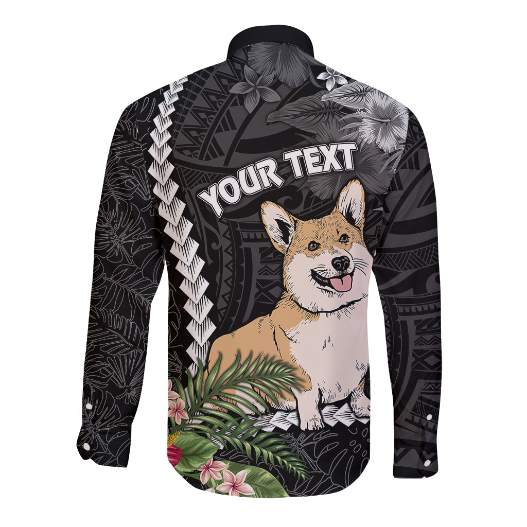 Personalised Polynesian Dog Long Sleeve Button Shirt Corgi Mix Tropical Flowers - Wonder Print Shop