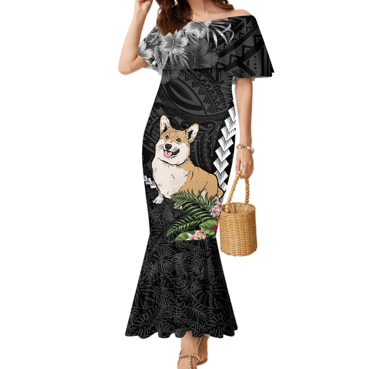 Personalised Polynesian Dog Mermaid Dress Corgi Mix Tropical Flowers - Wonder Print Shop