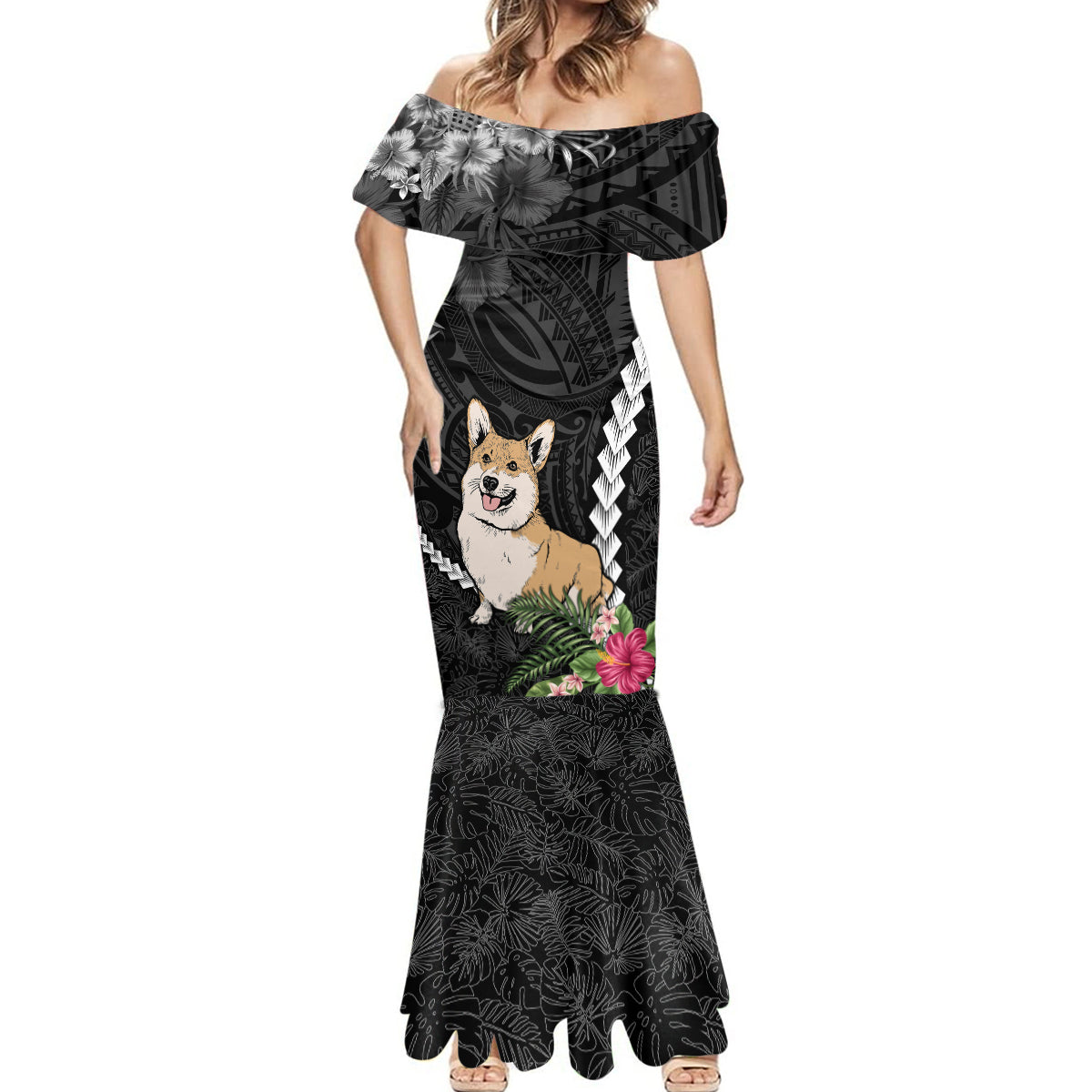Personalised Polynesian Dog Mermaid Dress Corgi Mix Tropical Flowers - Wonder Print Shop