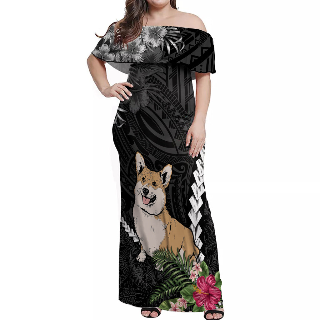Personalised Polynesian Dog Off Shoulder Maxi Dress Corgi Mix Tropical Flowers - Wonder Print Shop