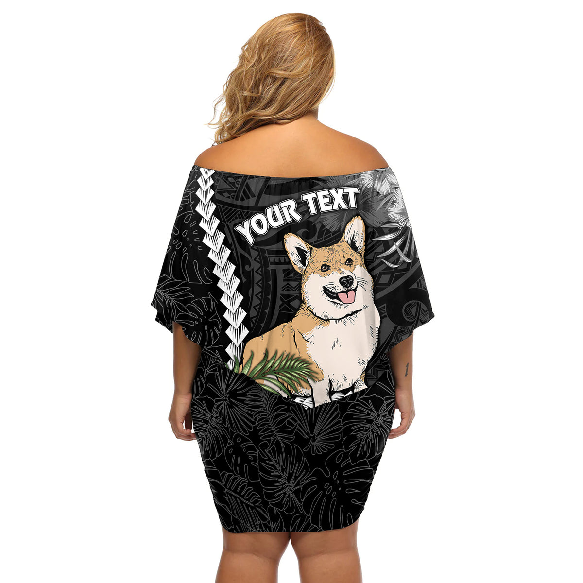 Personalised Polynesian Dog Off Shoulder Short Dress Corgi Mix Tropical Flowers - Wonder Print Shop