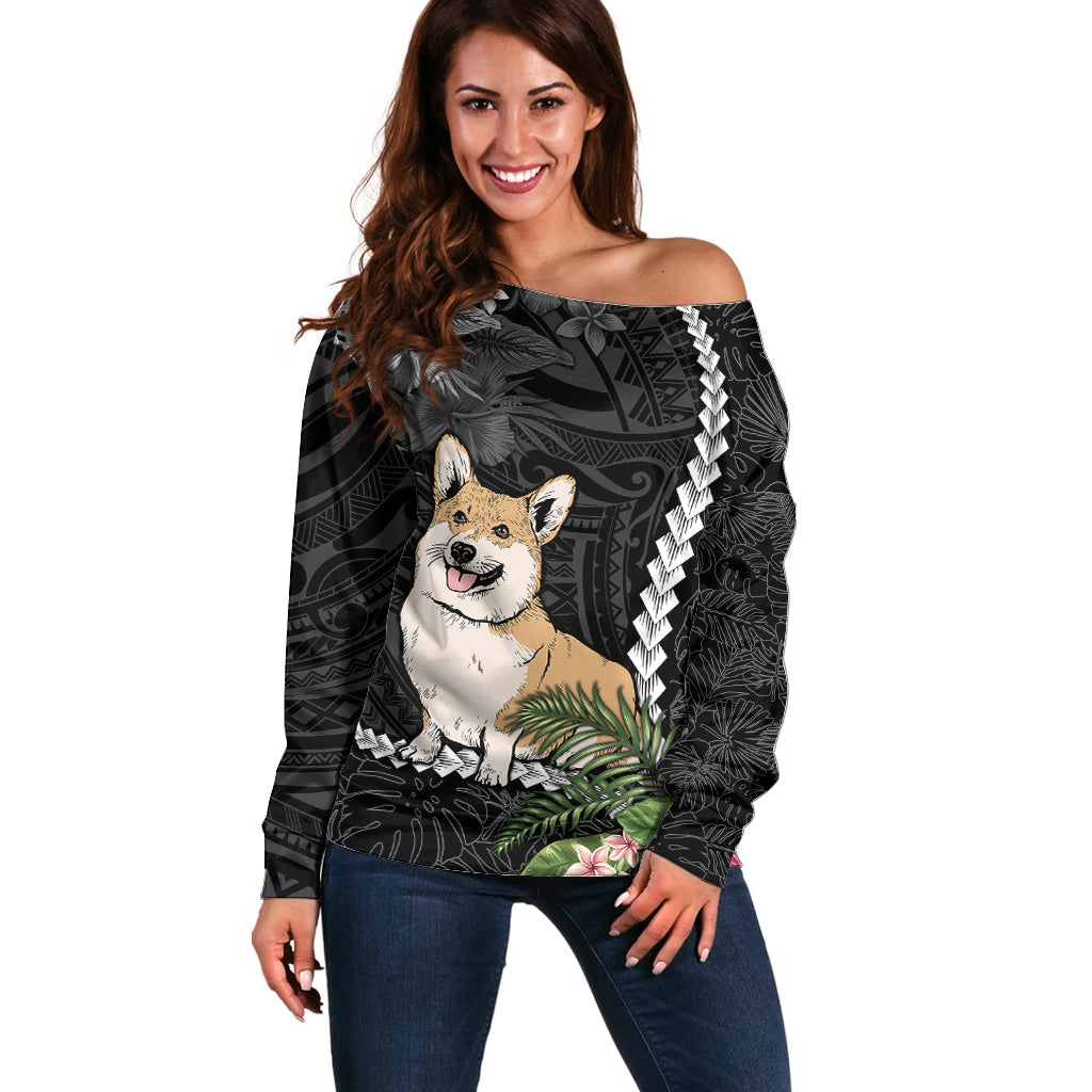 Personalised Polynesian Dog Off Shoulder Sweater Corgi Mix Tropical Flowers - Wonder Print Shop