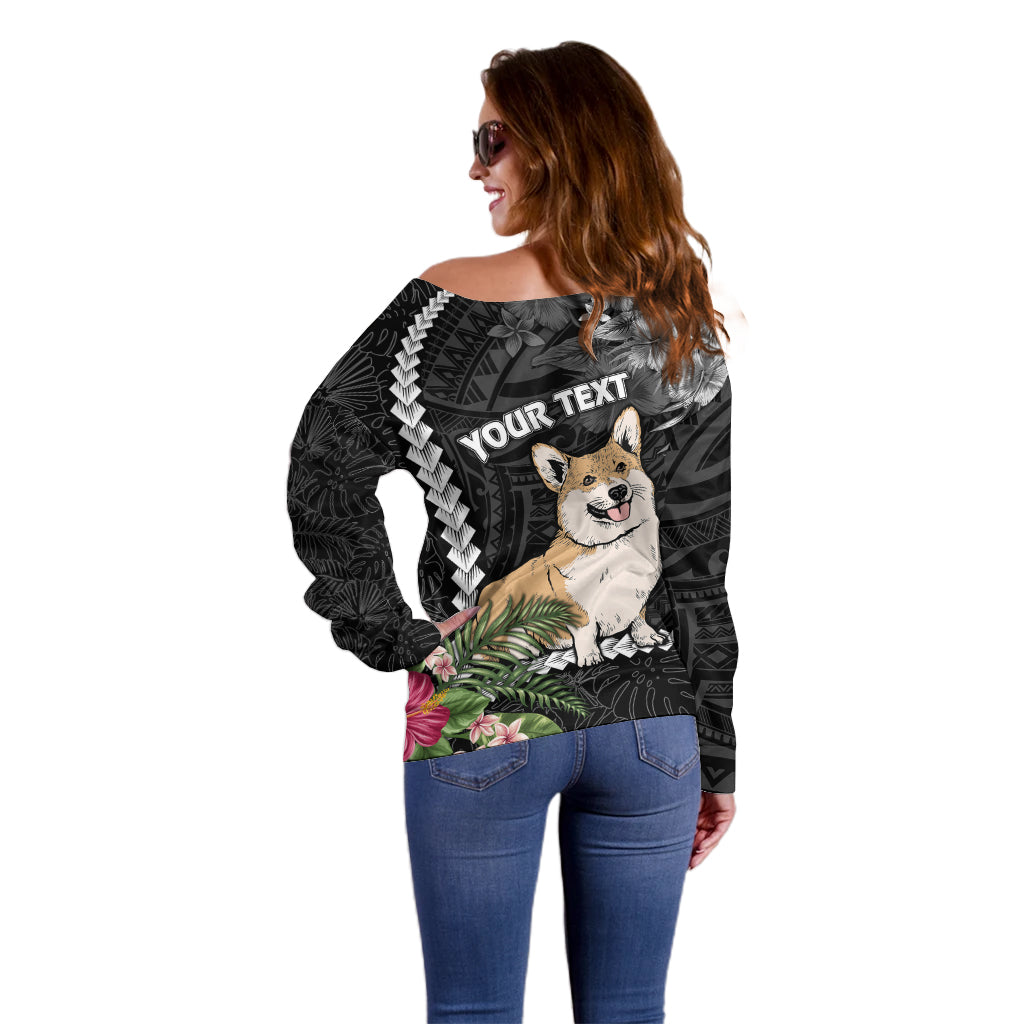 Personalised Polynesian Dog Off Shoulder Sweater Corgi Mix Tropical Flowers - Wonder Print Shop